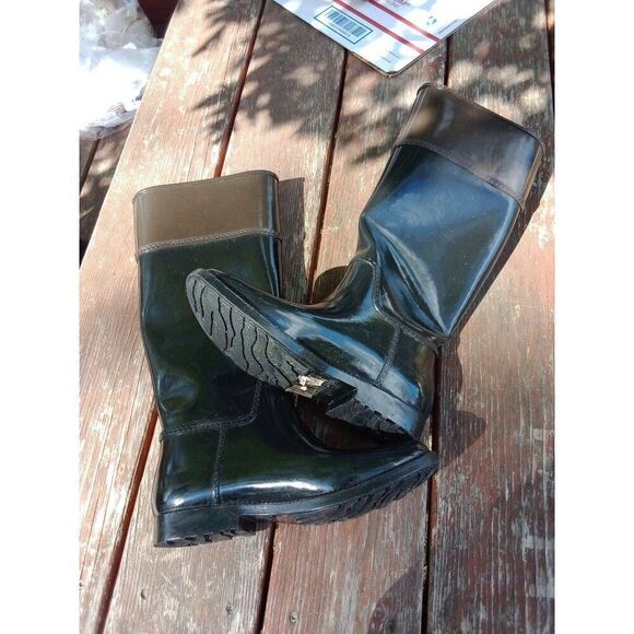 Michael Kors Boots Stockard Gloss Rubber Rain Equestrian Black & Brown Sz 8 - Picture 5 of 5